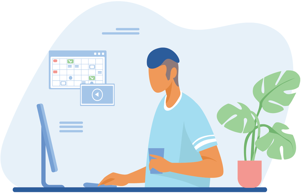 A man is relaxed while working and enjoying a coffee thanks to Tel2's phone system for business